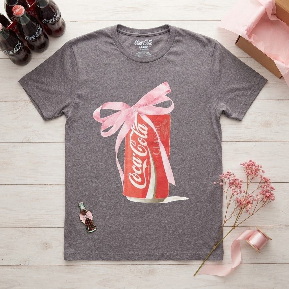 Coca-Cola Classic Pink Bow Graphic T-Shirt Heather Grey Large RN 170764